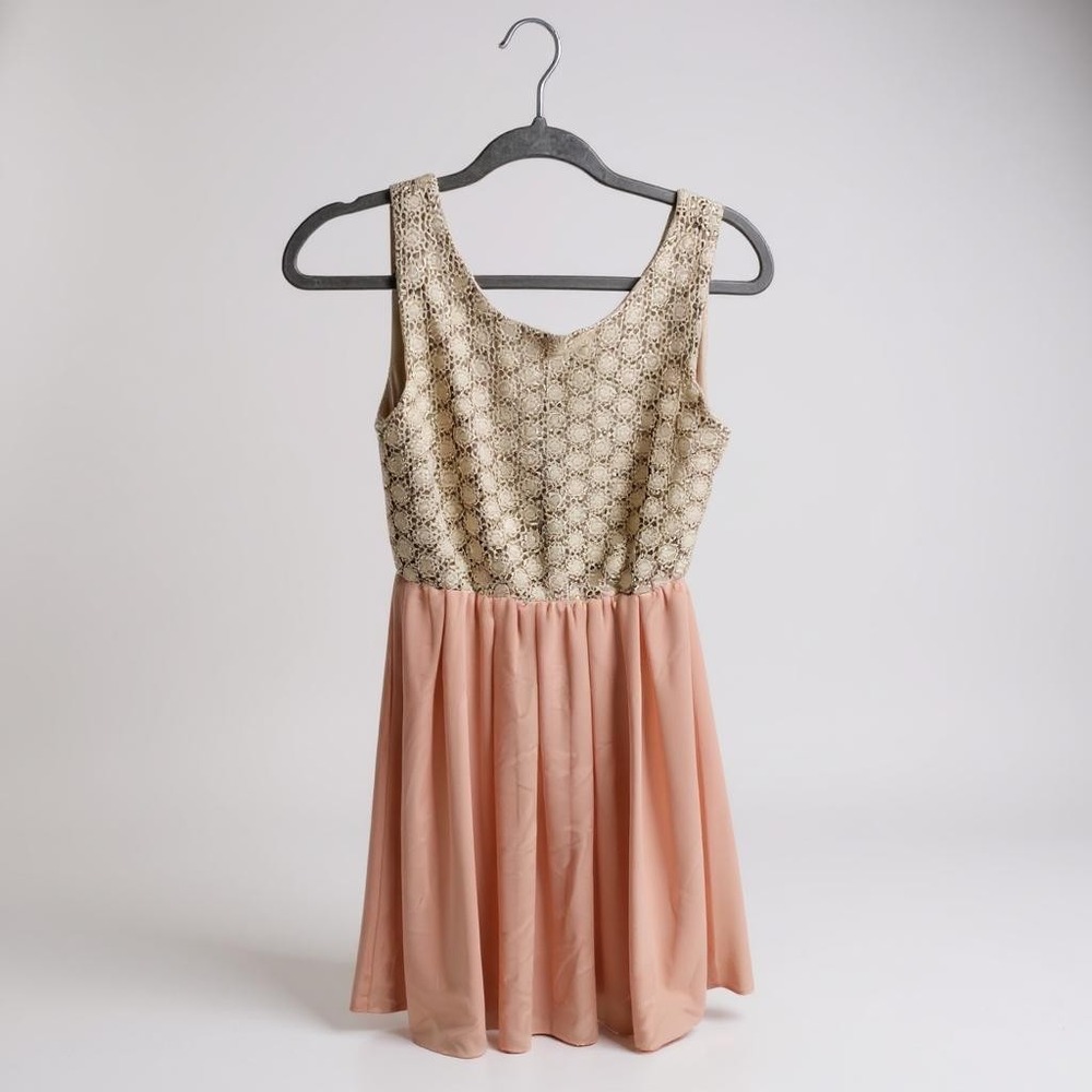 Beige Lace & Pink Chiffon Sleeveless Dress By Miami M